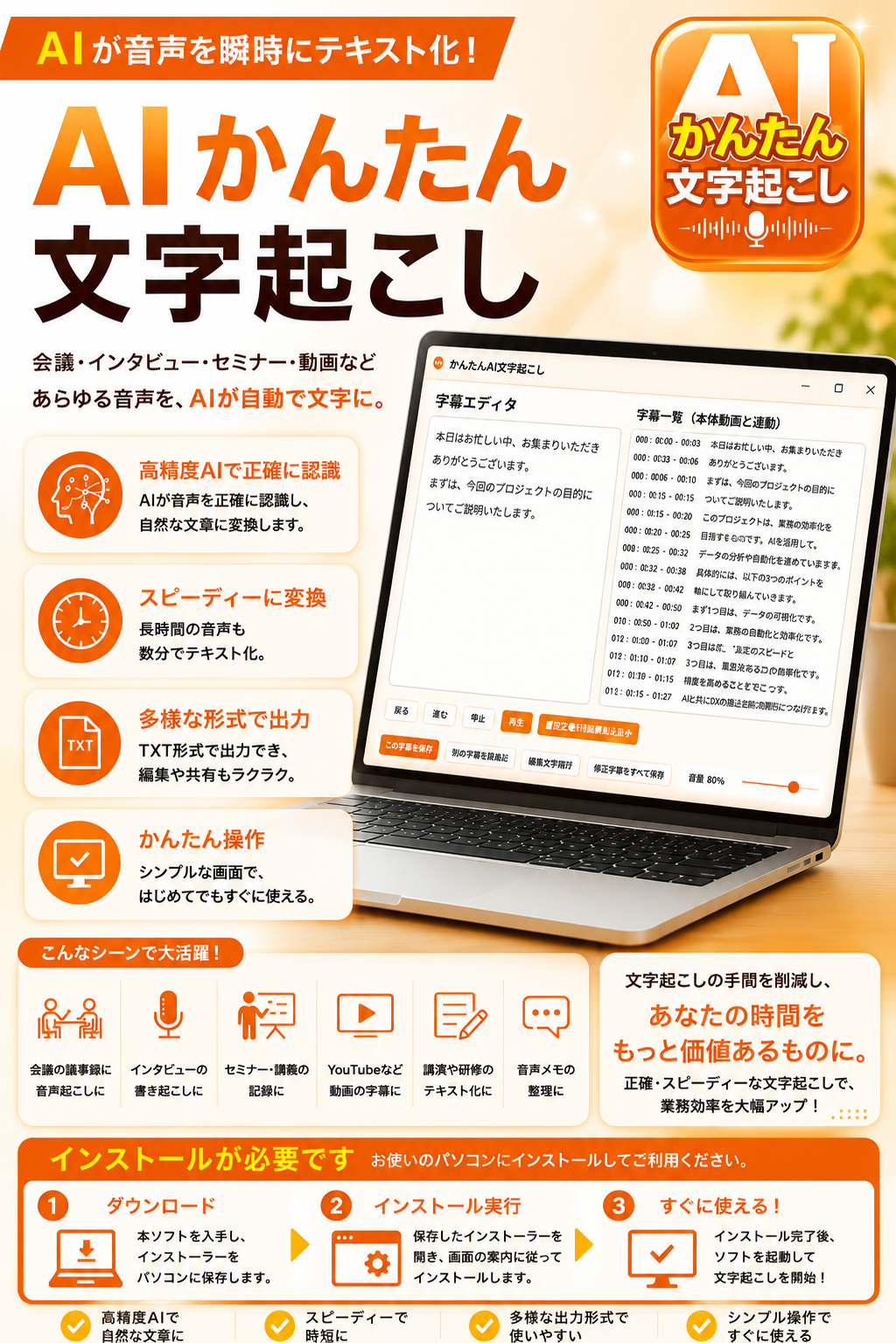 かんたんAI文字起こしの主な機能紹介